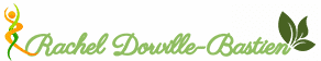 Logo Rachel Dorville-Bastien avec silhouette stylisée orange et verte et feuilles pour la santé et le bien-être.